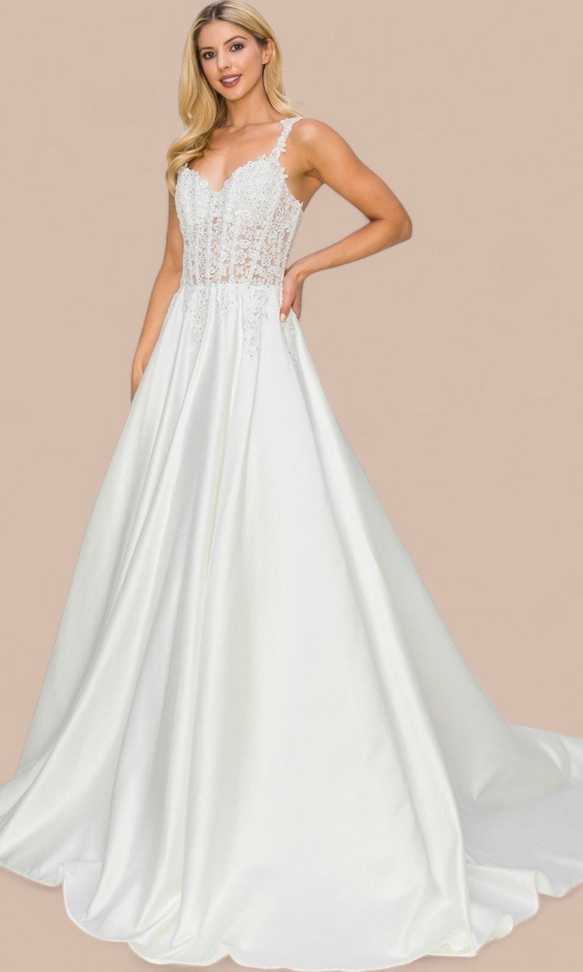 An elegant woman stands against a plain beige background in the Cinderella Couture 8041J Long Formal Dress, an ivory gown featuring a lace corset bodice and a long, flowing skirt—perfect for unforgettable bridal celebrations.